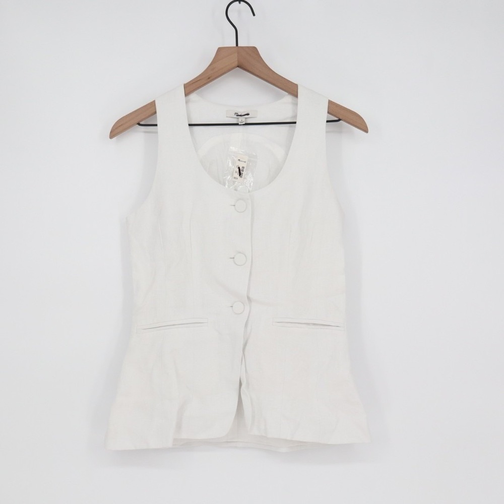 Madewell Cutaway Vest Womens 0 White Linen Scoop Neck Welt Pocket Button Front - Picture 2 of 6